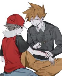 2boys :d black_eyes blood blue_oak brown_hair closed_eyes closed_mouth collared_shirt commentary cuts game_freak hat highres holding injury jacket looking_down lower_teeth_only male_focus multiple_boys nintendo open_mouth pants pokemon pokemon_hgss red_(pokemon) red_hat red_vest shirt short_hair short_sleeves simple_background smile spiked_hair teeth vest white_background x_grlo4