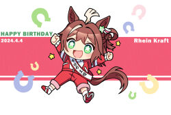 1girl 2024 animal_ears arms_up ascot bright_pupils brown_hair character_name chibi deformed english_text green_eyes gym_uniform hair_between_eyes happy_birthday horse_ears horse_girl horse_tail horseshoe_ornament jacket jersey long_sleeves open_mouth pants red_pants rhein_kraft_(umamusume) socks solo star_(symbol) star_in_eye symbol_in_eye tail tomato_mameta tracen_training_uniform track_jacket track_suit umamusume white_pupils
