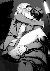 Rule 34 | 1boy, 1girl, ass, ass focus, bishojobunko, blazer, blush, censored, character request, closed eyes, clothed sex, hair ornament, hairband, hairclip, highres, jacket, kiss, lifting person, light novel, long hair, long sleeves, miniskirt, miyama-zero, novel illustration, official art, outdoors, pants, pleated skirt, school uniform, sex, shirt, shoes, short hair, skirt, socks, sweat, sweatdrop, thighs, thighs focus