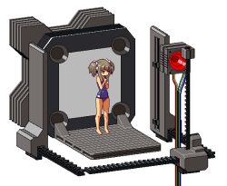 1girl bare_arms bare_legs bare_shoulders barefoot bow brown_eyes brown_hair child closed_mouth commentary eyebrows female_focus fukouna_shoujo_03 full_body hair_bow hair_ornament hair_ribbon long_sideburns machine matching_hair/eyes own_hands_clasped pixel_art ribbon scared sideburns solo standing swimsuit transparent_background twintails vvindowsme wire