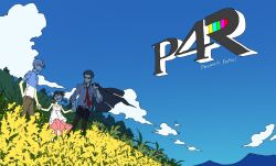 1girl 2boys bbdbbdbud beard_stubble black_jacket black_pants blue_sky brown_hair closed_eyes cloud collared_shirt copyright_name day doujima_nanako doujima_ryoutarou dress facial_hair flower grey_hair grey_shirt hand_in_pocket hashtag-only_commentary holding holding_hands holding_jacket holding_unworn_clothes jacket logo multiple_boys narukami_yu necktie open_mouth outdoors pants persona persona_4 persona_4_revival red_necktie shirt sky sleeveless sleeveless_dress stubble twintails unworn_jacket white_shirt yellow_flower
