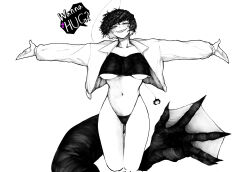 1girl antennae bikini blush breasts commentary english_commentary english_text greyscale grin hair_between_eyes heart hemuling highleg highleg_bikini highres jacket large_breasts long_sleeves looking_at_viewer monochrome monster_girl open_clothes open_jacket original outstretched_arms purple_eyes short_hair simple_background smile solo speech_bubble spot_color swimsuit tail underboob