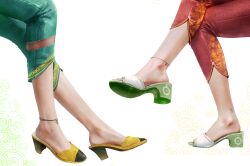 2girls ankle_strap ankle_tattoo anklet commentary crossed_legs english_commentary feet gold_trim green_pants high_heel_sandals high_heels highres jewelry leg_focus legs making-of_available mole mole_on_foot mole_on_leg multiple_girls original out_of_frame pants red_pants sandals shoes sitting spindle_(aidenr0) toes white_background yellow_shoes
