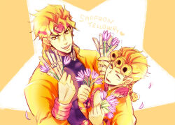 Rule 34 | 2boys, blonde hair, braid, commentary request, dio brando, earrings, father and son, flower, giorno giovanna, headband, hisohiso (altoblue), holding, holding flower, holding knife, jacket, jewelry, jojo no kimyou na bouken, knife, male focus, multiple boys, one eye closed, red headband, single braid, stardust crusaders, stud earrings, vento aureo, wryyyyyyyyyyyyyyyyyyyy, yellow eyes, yellow jacket