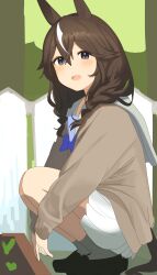 1girl absurdres alternate_costume animal_ears ashinowoto blush braid breasts brown_hair commentary_request curren_bouquetd&#039;or_(umamusume) fence grey_eyes highres horse_ears horse_girl long_hair low_twin_braids open_mouth plant school_uniform shoes simple_background sitting small_breasts solo twin_braids umamusume
