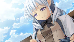 Rule 34 | 1boy, 1girl, absurdres, black neckwear, blue sky, bow, bowtie, cloud, day, game cg, harem tengoku da to omottara yandere jigoku datta, highres, hiiro yuki, kisaragi yuuya, lap pillow, long hair, looking down, miyasu sayuri, purple eyes, school uniform, silver hair, sky, smile, solo focus
