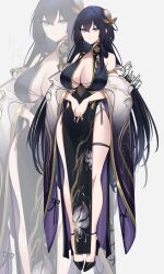 Rule 34 | 1girl, adoptable, bare shoulders, black dress, blue eyes, breasts, china dress, chinese clothes, cleavage, dress, hair ornament, high heels, highres, large breasts, original, pelvic curtain, print dress, rohioart, side-tie dress, side slit, sleeveless, sleeveless dress, smile, thigh strap, tsurime