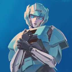 1girl blue_background blue_eyes chromia colored_skin grey_lips grey_skin helmet highres humanoid_robot metal_skin robot robot_girl solo transformers transformers_one zh3082