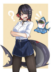 1girl ? absurdres ai-generated_art_(topic) akira_ruyu arms_under_breasts bangboo_(zenless_zone_zero) belt belt_buckle black_choker black_hair black_pantyhose blue_shoes border breasts buckle choker colored_inner_hair ellen_joe ellen_joe_(on_campus) fins fish_tail highres italian_brainrot_ai_animals_(meme) jewelry meme metal_hairband mole mole_under_eye multicolored_hair nike_(company) open_mouth pantyhose pendant pleated_skirt razor_blade_hair_ornament red_eyes red_hair scar scar_on_tail shark_girl shark_tail sharkboo_(zenless_zone_zero) sharp_teeth shirt shoes short_hair simple_background skirt sneakers tail teeth tralalero_tralala white_border white_shirt zenless_zone_zero