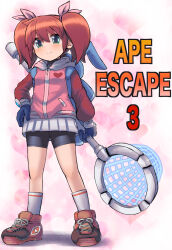 1girl animal_bag back bike_shorts black_shirt black_shorts blue_gloves blush brown_hair brown_shoes butterfly_net closed_mouth commentary_request copyright_name full_body gloves green_eyes hair_between_eyes hair_ribbon hand_net hand_on_own_hip heart heart_background highres holding hood hood_down hooded_jacket jacket long_sleeves looking_at_viewer m.m pink_jacket pink_ribbon puffy_long_sleeves puffy_sleeves ribbon saru_getchu sayaka_(saru_getchu) shirt shoes shorts smile socks solo standing twintails white_socks