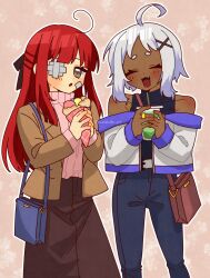 1girl 2girls :o alternate_costume aya_(project_moon) bare_shoulders black_bow black_shirt blue_bag blue_pants bow brown_jacket brown_skirt closed_eyes crepe cup dark-skinned_female dark_skin fang food gauze gauze_over_eye grey_eyes hair_bow highres holding holding_crepe holding_cup holding_food jacket limbus_company long_hair long_sleeves looking_at_viewer multiple_girls nantekottawo!! open_mouth orange_background pants pink_sweater project_moon red_hair shirt short_hair sidelocks simple_background skin_fang skirt sleeveless standing sweater upper_body white_hair white_jacket yuri_(project_moon)