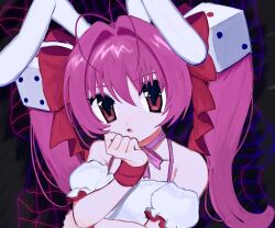 1girl animal_ears bare_shoulders bow choker di_gi_charat dice dice_hair_ornament hair_bow hair_ornament highres long_hair looking_at_viewer pepeppepe101 pink_hair rabbit_ears red_bow red_eyes ribbon ribbon_choker solo twintails usada_hikaru wrist_bow wrist_ribbon