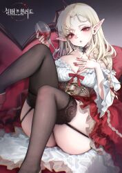 1girl :o alcohol ass black_garter_straps blonde_hair breasts brown_thighhighs commentary_request corset cup detached_collar drinking_glass empousa_(silver_and_blood) feet_out_of_frame fingernails garter_straps hand_on_own_chest highres holding holding_cup large_breasts long_hair looking_at_viewer mirei nail_polish pointy_ears red_eyes red_skirt shirt silver_and_blood sitting skirt solo thighhighs title white_shirt wine wine_glass
