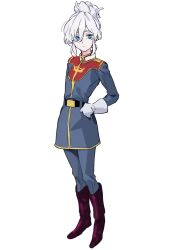 1girl blue_eyes blue_jacket blue_pants boots closed_mouth commentary_request deux_murasame freckles full_body gloves gundam gundam_gquuuuuux highres jacket kisaragi_shokuin long_hair military_uniform pants simple_background solo standing titans_(gundam) updo white_background white_gloves white_hair zeta_gundam