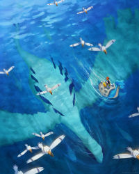 1boy ash_ketchum creatures_(company) devin_elle_kurtz from_above game_freak gen_1_pokemon gen_2_pokemon gen_3_pokemon hat highres jacket lapras legendary_pokemon lugia nintendo partially_submerged pikachu pokemon pokemon_(anime) pokemon_(classic_anime) pokemon_(creature) red_headwear riding riding_pokemon scenery swimming tail underwater water wings wingull