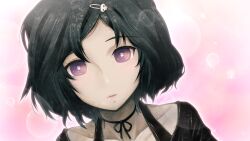 1boy black_hair black_ribbon black_shirt blurry bob_cut bokeh casual choker collarbone depth_of_field dutch_angle game_cg goth_fashion hair_ornament hairclip highres huke imminent_kiss light_blush looking_at_viewer non-web_source official_art open_mouth pink_background pink_eyes pink_lips puffy_short_sleeves puffy_sleeves ribbon ribbon_choker ringed_eyes shirt short_sleeves skull_hair_ornament solo square_pupils steins;gate steins;gate:_my_darling&#039;s_embrace tank_top tongue trap urushibara_ruka