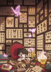 1boy absurdly_detailed_composition ant beetle blue_eyes book book_stack book_strap bottle branch bug butterfly centipede chair cicada commentary_request cookie dragonfly eraser food framed_insect glowing_butterfly grasshopper indoors insect kerosene_lamp lamp loaded_interior long_sleeves magnifying_glass male_focus mantis microscope millipen_(medium) moth nail_(hardware) note open_book original outstretched_arms painting_(object) paper pen_(medium) pencil scissors scorpion shadow shirt sitting solo table traditional_media transparent transparent_butterfly white_shirt working wrapper yamori_511