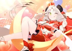1girl balloon benio_(dontsugel) black_shirt blonde_hair crop_top crown demon_girl demon_tail gloves hands_up highres idol light_blush lying moon one_eye_closed provato_pecora_aries red_skirt shirt skirt slime_taoshite_300_nen_shiranai_uchi_ni_level_max_ni_nattemashita smile solo_focus tail tongue tongue_out v white_gloves yellow_eyes