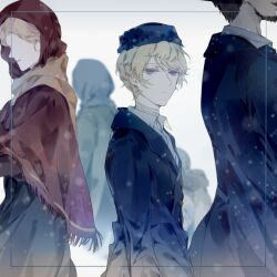 1girl 2boys 2others aged_down axis_powers_hetalia axygen back bandaged_neck bandages black_coat black_dress black_hair black_hat blonde_hair blurry blurry_background brown_coat brown_scarf buttons capelet child closed_mouth coat collared_shirt dress facial_hair from_side fur-trimmed_coat fur_hat fur_trim half-closed_eyes hat hood hooded_capelet lapels long_sleeves looking_at_viewer multiple_boys multiple_others no_eyes open_mouth purple_eyes red_capelet russia_(hetalia) scarf shirt short_hair simple_background solo_focus standing white_background white_shirt