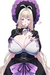 1girl antenna_hair bonnet breasts cleavage corset dulcinea_(project_moon) finger_to_mouth frilled_bonnet frills gothic_lolita highres large_breasts limbus_company lolita_fashion long_hair project_moon purple_nails red_eyes very_long_hair yagidon