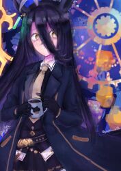 1girl absurdres ahoge animal_ears animal_print belt black_belt black_coat black_hair black_shirt black_skirt cat_print coat coffee coffee_mug collared_shirt contrast_collar cup ear_tag earrings expressionless gears grey_hair hair_between_eyes highres holding holding_cup horse_ears horse_girl jewelry long_bangs long_hair long_hair_between_eyes looking_at_viewer manhattan_cafe_(umamusume) mug multicolored_hair necktie open_clothes open_coat parted_lips pleated_skirt shirt single_earring skirt solo steam twitter_username uma_41se umamusume very_long_hair yellow_eyes yellow_necktie