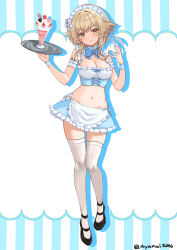 Rule 34 | 1girl, alternate costume, apron, ayamal (mainichi ryokucha), black shoes, blonde hair, blue bow, blue bowtie, blue nails, blue skirt, blue wrist cuffs, blush, bow, bowtie, breasts, cleavage, closed mouth, commentary request, drop shadow, enmaided, fingernails, flower, frilled apron, frilled hairband, frills, full body, genshin impact, hair flower, hair ornament, hairband, hands up, highres, holding, holding tray, looking at viewer, lumine (genshin impact), maid, maid headdress, medium breasts, nail polish, navel, no panties, shoes, short hair with long locks, simple background, skirt, smile, solo, standing, thighhighs, tray, waist apron, white apron, white background, white flower, white hairband, white thighhighs, wrist cuffs, yellow eyes