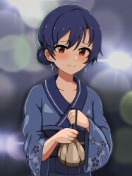 1girl absurdres bag blue_hair blue_kimono blush brown_eyes closed_mouth commentary earrings flat_chest floral_print floral_print_kimono hair_bun hair_ornament hair_stick hands_up highres holding holding_bag idolmaster idolmaster_(classic) japanese_clothes jewelry kimono kisaragi_chihaya lens_flare long_sleeves looking_at_viewer milliani obi outline print_kimono sash single_hair_bun solo sweatdrop upper_body white_outline wide_sleeves yukata