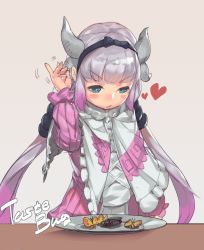 &gt;:/ 1girl :/ absurdres blue_eyes blush_stickers bug butterfly capelet dragon_girl dragon_horns female_focus gradient_background hair_bobbles hair_ornament hairband heart highres horns insect kanna_kamui kobayashi-san_chi_no_maidragon light_purple_hair long_hair low_twintails meme parody salt salt_bae_(meme) simple_background sketch solo twintails urorong v-shaped_eyebrows