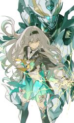 Rule 34 | 1girl, absurdres, aqua eyes, armor, black bridal gauntlets, black hairband, black jacket, bow, bow skirt, bridal gauntlets, chromatic aberration, closed mouth, collared shirt, commentary request, cropped jacket, dual persona, firefly (honkai: star rail), gold trim, green skirt, green thighhighs, grey hair, hair between eyes, hair intakes, hair ornament, hairband, highres, honkai: star rail, honkai (series), jacket, lightning, long hair, long sleeves, looking ahead, multicolored eyes, neckerchief, orange eyes, orange neckerchief, outstretched arm, power armor, puffy long sleeves, puffy sleeves, sam (honkai: star rail), shirt, sialou, simple background, skirt, standing, thighhighs, two-tone eyes, white armor, white background, white bow, white shirt