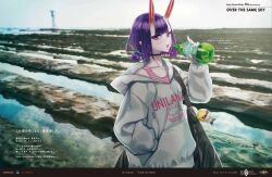 1girl bottle breasts character_doll choker clothes_writing doll drawstring eyeliner fate/grand_order fate_(series) grey_sweater highres honjou_raita hood hooded_sweater horns long_sleeves looking_at_viewer makeup official_art oni pink_tank_top pointy_ears purple_eyes purple_hair sakata_kintoki_(fate) short_hair short_twintails shuten_douji_(fate) skin-covered_horns small_breasts sweater tank_top twintails