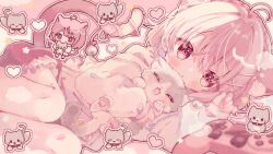1girl :o ahoge animal animal_ear_fluff animal_ears blush cat cat_ears cat_girl cat_tail commentary commission feet_out_of_frame frilled_shorts frills hair_ornament haruru-chan_(vtuber) heart highres holding holding_animal hood hoodie indie_virtual_youtuber kamizakana_iriko long_sleeves looking_at_viewer lying on_side open_mouth outline pink_eyes pink_hair pink_outline pink_ribbon pixelated playstation_controller red_shorts ribbon short_hair shorts skeb_commission tail tail_ornament tail_ribbon virtual_youtuber white_hoodie x_hair_ornament