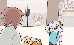 6+girls ahoge amane_kanata animal_ears asymmetrical_bangs bench black_hair black_hairband black_ribbon blue_eyes blue_hair bread colored_inner_hair dog_ears food glass_door hairband halo hololive hololive_dev_is hololive_grand_theft_auto houshou_marine inugami_korone jacket multicolored_hair multiple_girls one_side_up oozora_subaru oozora_subaru_(work) open_mouth otonose_kanade otonose_kanade_(1st_costume) pink_hair pointing pointing_at_another red-framed_eyewear red_hair red_ribbon ribbon road sakana_(saka11205) saliva shirogane_noel star_halo suspenders takane_lui white_jacket
