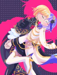 2girls absurdres blonde_hair cape closed_eyes evanhehehe flower glasses hair_flower hair_ornament hair_over_shoulder heaven_burns_red high_heels highres interlocked_fingers izumi_yuki_(heaven_burns_red) kayamori_ruka kiss knight long_hair multiple_girls short_hair shorts thighhighs white_thighhighs yuri
