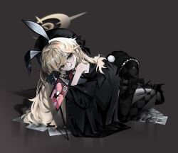 1girl absurdres all_fours alternate_costume animal_ear_hairband animal_ears asagiri_yukari black_coat black_gloves black_hairband black_hat black_leotard black_pantyhose black_shoes blonde_hair blue_archive blush book bow cane checkered_pantyhose coat detached_collar fake_animal_ears fake_tail fluffy_hair glasses gloves green_eyes gun hairband handgun hat high_heels highres holding holding_book holding_cane holster leotard loli long_hair looking_at_viewer open_mouth pantyhose playboy_bunny professor_niyaniya_(blue_archive) rabbit_ear_hairband rabbit_ears rabbit_tail red_bow round_eyewear shoes sidelocks single_bare_shoulder solo tail thigh_holster weapon