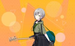 1girl black_choker black_dress black_gloves choker circle colorful_palette dress game_cg gloves green_eyes green_jacket grey_hair guitar hair_between_eyes hair_ornament hinomori_shiho instrument jacket no_seek_no_find_(project_sekai) official_alternate_costume official_art orange_background pleated_dress project_sekai short_hair solo third-party_source triangle x_hair_ornament zipper