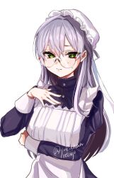 1girl alternate_costume apron commentary english_commentary enmaided frilled_apron frills glasses green_eyes grey_hair hair_ornament hair_over_shoulder heaven_burns_red izumi_yuki_(heaven_burns_red) long_hair maid maid_apron maid_headdress multiple_girls round_eyewear solo waist_apron white_apron yukichanretsujo
