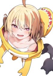 1girl absurdres ahoge airenif animal_costume blonde_hair breasts camisole commentary from_above gigi_murin highres hololive hololive_english looking_at_viewer lower_teeth_only open_mouth pink_eyes sharp_teeth simple_background small_breasts solo teeth two_side_up virtual_youtuber white_background white_camisole