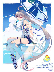 1girl ahoge anklet aqua_bikini artist_name bikini blue_sky blue_umbrella breasts cloud commentary_request contrail crossed_bangs da-kuro eating food from_side full_body grey_hair hair_between_eyes highres holding holding_food holding_popsicle hunched_over jewelry laevateinn_(phantom_of_the_kill) long_hair looking_at_viewer medium_breasts multicolored_bikini navel no_socks ocean official_art open_mouth outdoors parasol phantom_of_the_kill popsicle rubber_duck sandals short_shorts shorts sitting sky sleeves_past_fingers sleeves_past_wrists solo swimsuit two-tone_bikini two-tone_umbrella umbrella very_long_hair white_bikini white_innertube white_umbrella