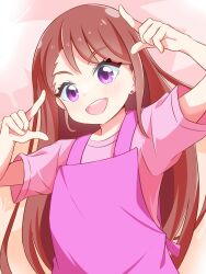 1girl absurdres apron asymmetrical_bangs beenyan_1203 brown_hair commentary earrings highres hijiri_ageha hirogaru_sky!_precure index_finger_raised jewelry long_hair looking_at_viewer open_mouth pink_shirt precure purple_apron purple_eyes shirt short_sleeves smile solo standing stud_earrings t-shirt