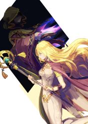 1girl 1other blonde_hair book bramimond breasts dress fire_emblem fire_emblem:_the_binding_blade fire_emblem:_the_blazing_blade green_eyes holding holding_book hood hood_up hooded_robe long_hair medium_breasts nintendo open_book purple_scarf robe saint_elimine_(fire_emblem) scarf shoochiku_bai solo_focus staff very_long_hair white_dress