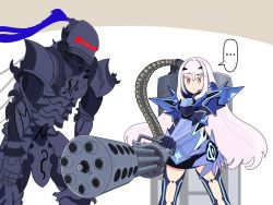 ... 1boy 1girl absurdres armor berserker_(fate/zero) blush melusine_(fate) melusine_(first_ascension)_(fate) fate/grand_order fate_(series) glowing_headgear gun headpiece highres lancelot_(fate/zero) long_hair machine_gun patterned raisa23 simple_background speech_bubble sweatdrop tube weapon what