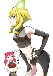 2girls absurdres animal_ear_fluff animal_ears asymmetrical_legwear blonde_hair breasts closed_mouth crop_top duel_monster earrings fox_ears fox_girl green_eyes green_nails ha-re_the_sword_mikanko hair_between_eyes hand_on_own_hip hand_on_own_leg highres hu-li_the_jewel_mikanko jewelry leaning_forward medium_breasts multiple_girls navel open_mouth red_eyes red_hair simple_background sora-wo-tomo stomach tongue tongue_out white_background yu-gi-oh!