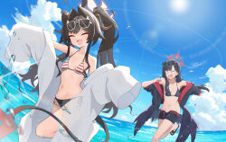 Rule 34 | 2girls, absurdres, belt, bikini, bikini under shorts, black bikini, black hair, black horns, black jacket, black shorts, black tail, black wings, blue archive, blue sky, breasts, cloud, cross halo, curved horns, day, demon horns, demon tail, eyewear on head, feathered wings, gradient tail, halo, highres, horns, ichika (blue archive), ichika (swimsuit) (blue archive), inedibleparts, jacket, kasumi (blue archive), kasumi (swimsuit) (blue archive), lab coat, long hair, low wings, mismatched bikini, multiple girls, navel, o-ring, o-ring bikini, o-ring top, ocean, official alternate costume, official alternate hairstyle, open clothes, open mouth, open shorts, outdoors, red belt, red halo, red tail, running, shorts, sky, small breasts, striped bikini, striped clothes, sunglasses, swimsuit, tail, twintails, unusually open eyes, very long hair, wings