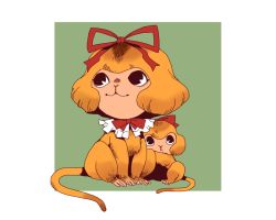 :3 animal_ears animalization bow brown_eyes frilled_shirt_collar frills hug medicine_melancholy monkey monkey_ears monkey_tail no_humans onikobe_rin red_bow red_neckwear red_ribbon ribbon sitting size_difference smile su-san tail touhou