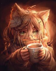 1girl absurdres ahoge animal_ears blonde_hair braid bright_pupils brown_nails brown_scarf cat_ears commentary covered_mouth cup diamond-shaped_pupils diamond_(shape) earrings english_commentary eyewear_strap flower freckles gift_art glasses green_eyes hair_between_eyes hair_flower hair_ornament heart heart_ahoge highres holding holding_cup indie_virtual_youtuber jewelry kurisu_illusia_(vtuber) light_particles long_hair looking_at_viewer numanoan orange_background print_cup round_eyewear scarf solo steaming_cup symbol-shaped_pupils upper_body virtual_youtuber white_pupils