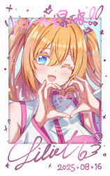 Rule 34 | 1girl, 2.5 jigen no ririsa, ;d, bare shoulders, blue eyes, blush, breasts, colored eyelashes, comiket 106, commentary request, dated, detached sleeves, hair between eyes, hands up, heart, heart hands, large breasts, liliel (2.5 jigen no ririsa), long hair, long sleeves, looking at viewer, nogi lief, one eye closed, open mouth, orange hair, shirt, sleeveless, sleeveless shirt, smile, solo, translation request, two side up, upper body, white shirt, white sleeves, wide sleeves
