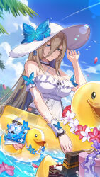1girl absurdres aponia_(honkai_impact) aponia_(mesmerizing_blue)_(honkai_impact) bare_shoulders birthday_cake blonde_hair blue_eyes blue_sky box breasts cake chinese_commentary cleavage commentary_request dress falling_petals food gift gift_box hat highres honkai_(series) honkai_impact_3rd large_breasts long_hair mole mole_under_eye official_art outdoors petals rubber_duck sky smile solo sun_hat sundress very_long_hair white_dress