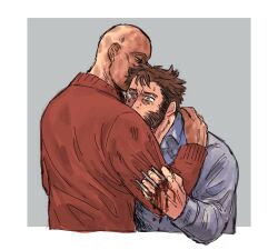 2boys animification back bald beard blood blood_on_hands brown_hair claw_(weapon) commentary_request crying deadpool deadpool_&amp;_wolverine deadpool_(series) facial_hair green_eyes highres hug long_sleeves male_focus marvel marvel_cinematic_universe multiple_boys muscular scar scars_all_over shirt short_hair tears too_many weapon white_shirt wolverine_(x-men) x-men yaoi yo_ko_(kkk1211mmm)