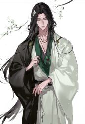 Rule 34 | 1boy, black hair, black kimono, branch, character request, closed mouth, copyright request, cowboy shot, dddddd (ni989393), green eyes, half-closed eyes, hand up, highres, japanese clothes, jewelry, kimono, leaf, long hair, looking at viewer, male focus, mole, mole under eye, necklace, solo, two-tone kimono, white background, white kimono