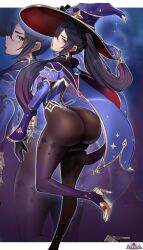 1girl absurdres ass ass_focus blush breasts chanleefat detached_sleeves embarrassed from_behind genshin_impact gloves green_eyes hair_ornament hair_ribbon hat high_heels highres huge_ass jewelry leotard long_hair looking_at_viewer looking_back mona_(genshin_impact) pantyhose purple_hair ribbon sideboob solo tassel thighlet twintails very_long_hair witch_hat